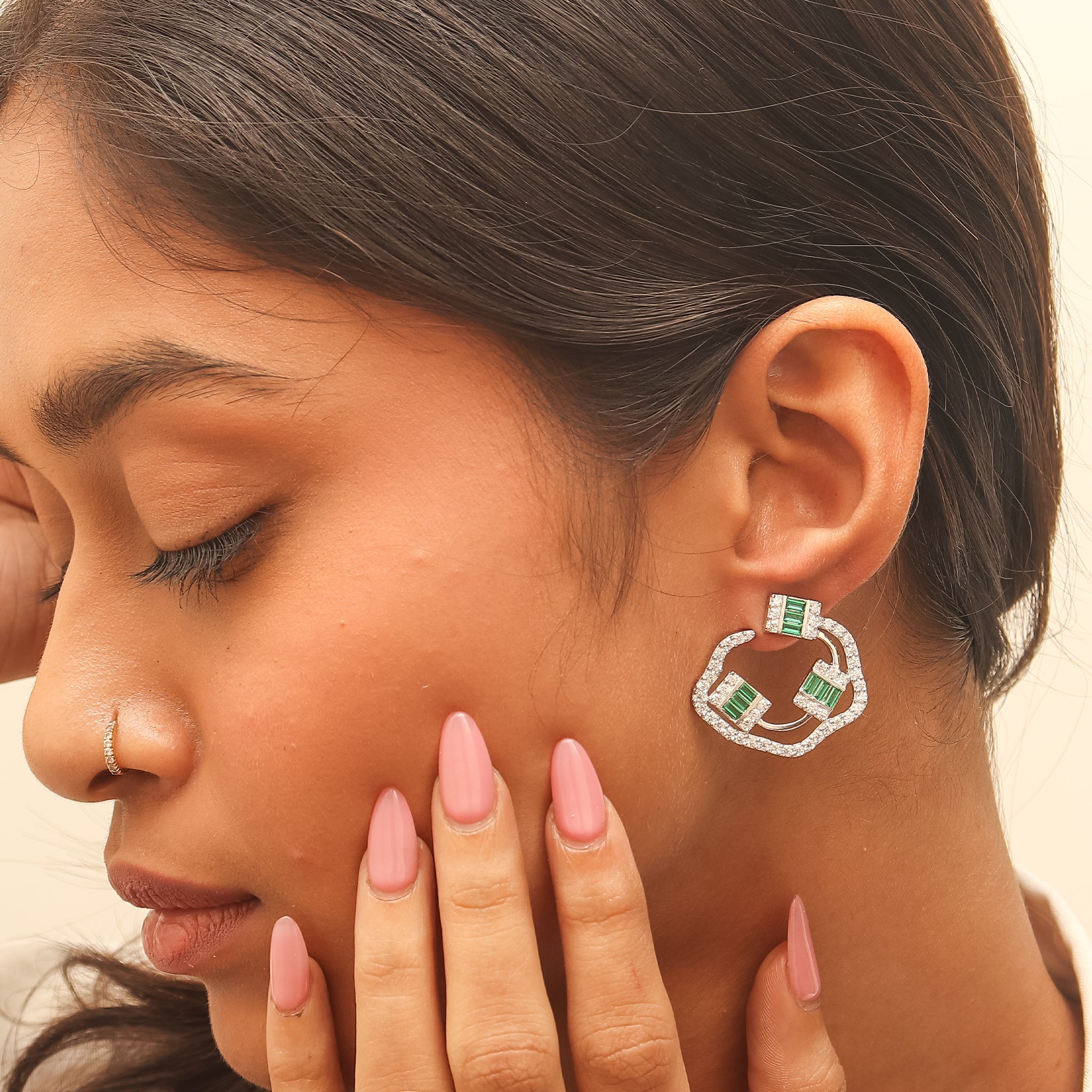 Baguette Emerald And Diamond Silver Earrings