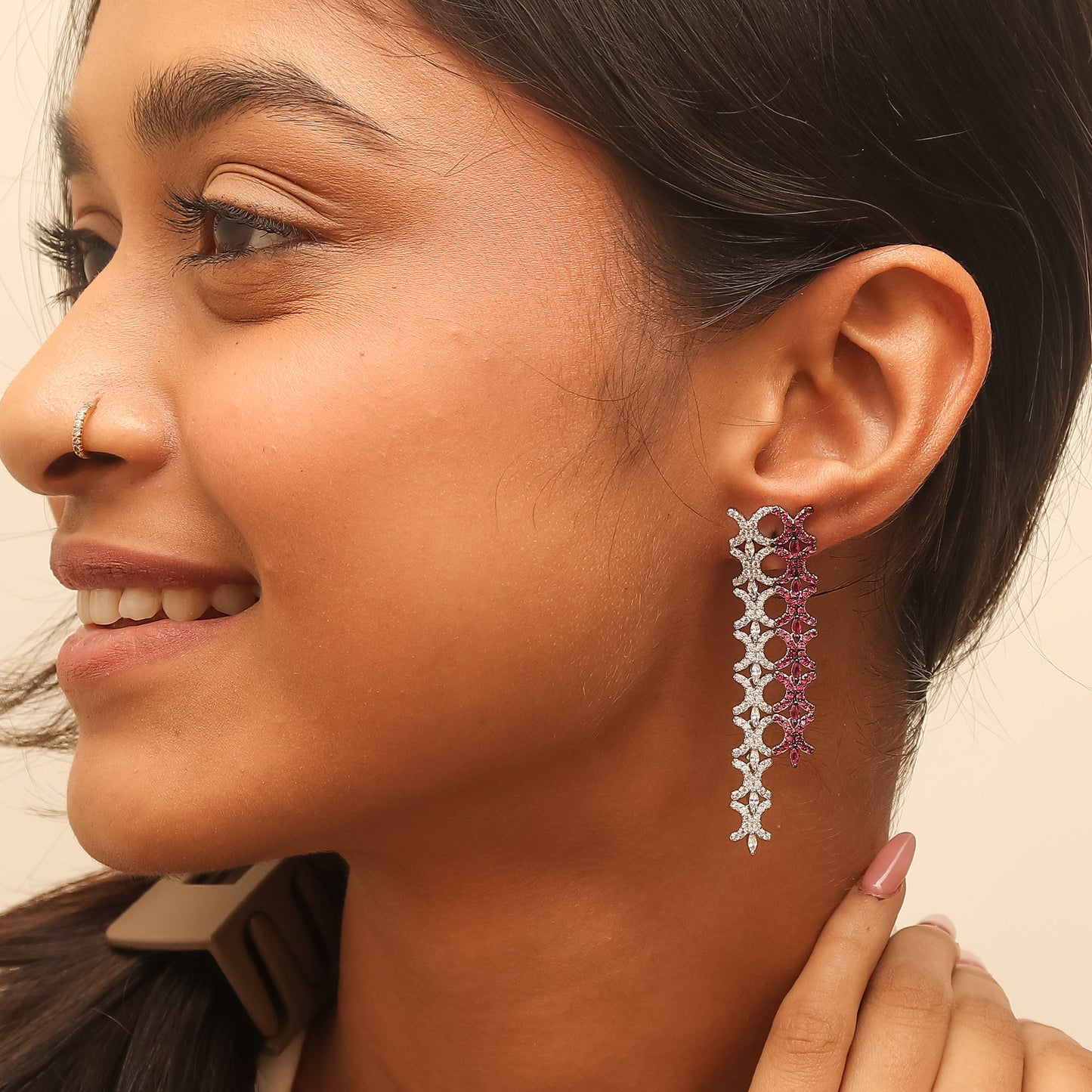 Elegance Ruby Diamond Fall Silver Earrings