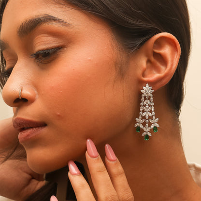Royal Emerald Cocktail Diamond Silver Earrings
