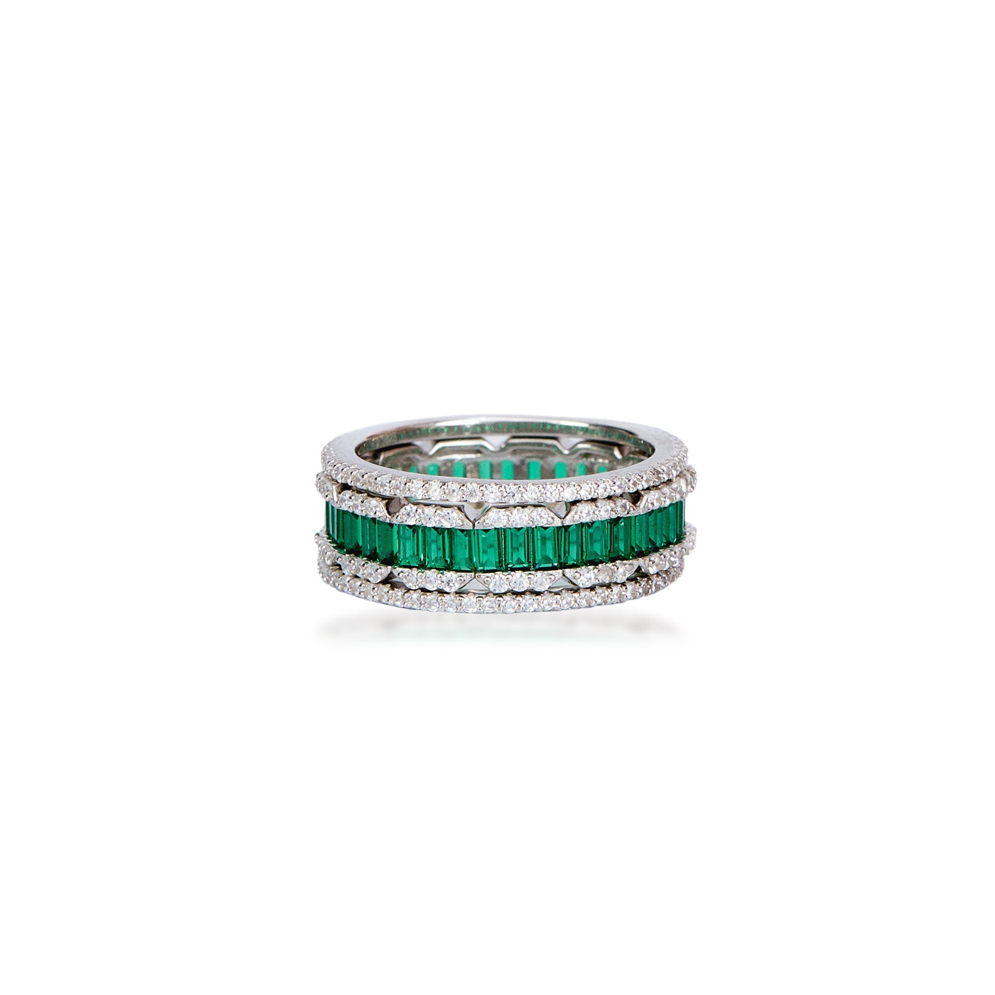 Cocktail Emerald And Diamond Stack Silver Ring