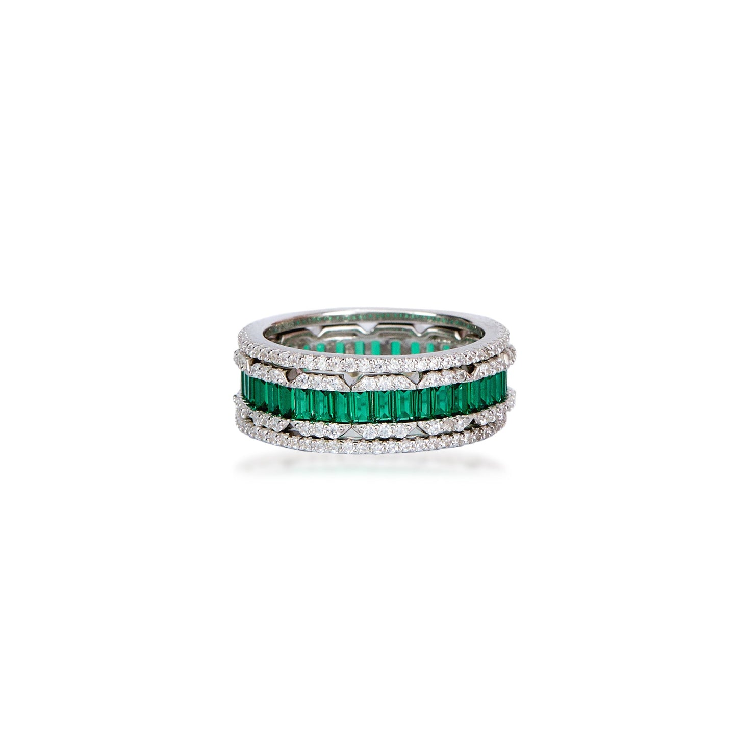 Cocktail Emerald And Diamond Stack Silver Ring