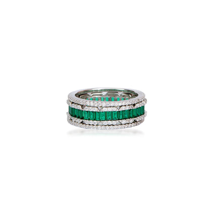 Cocktail Emerald And Diamond Stack Silver Ring