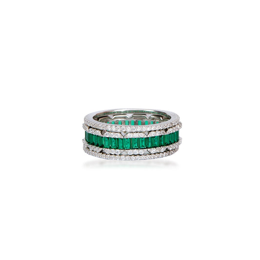 Cocktail Emerald And Diamond Stack Silver Ring