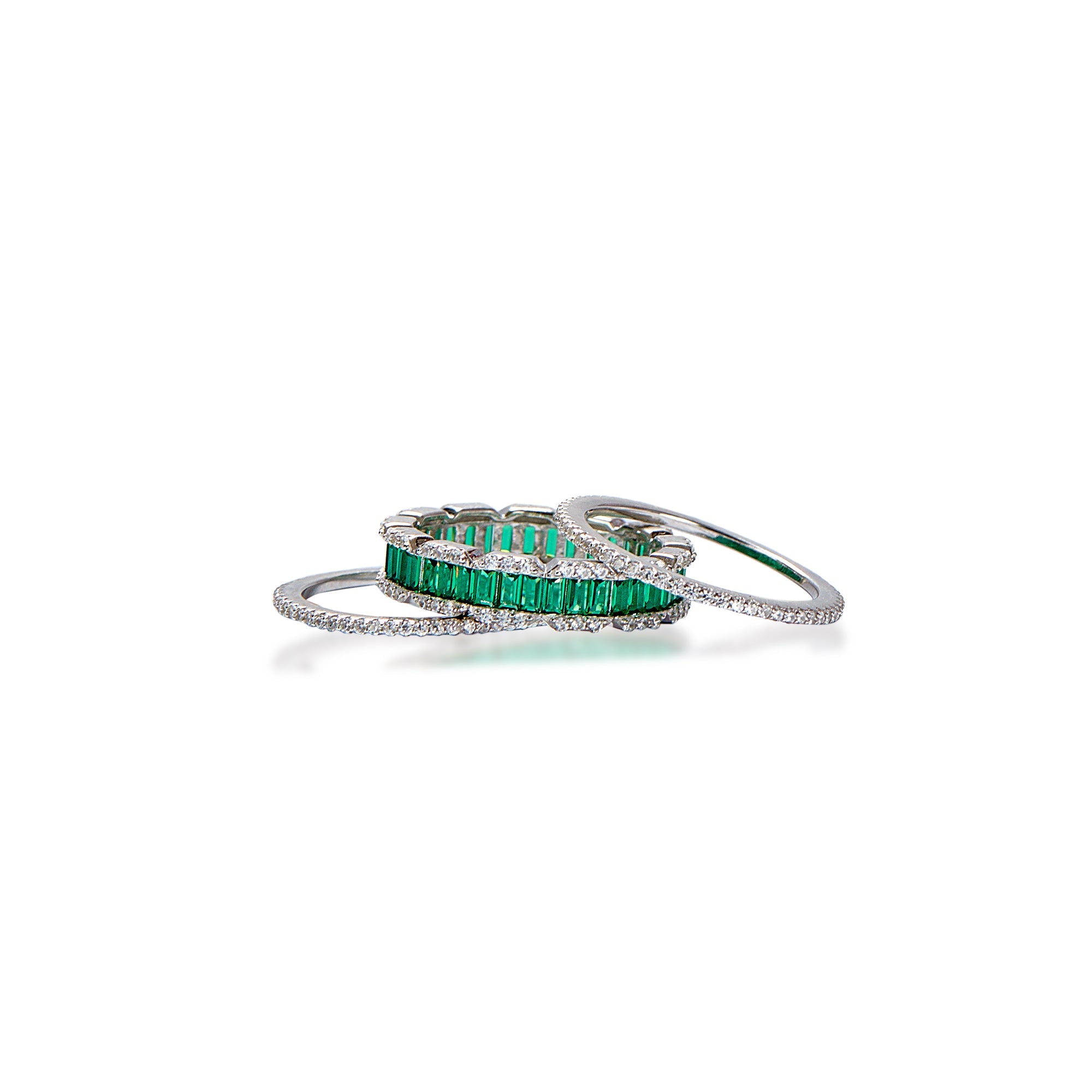 Cocktail Emerald And Diamond Stack Silver Ring