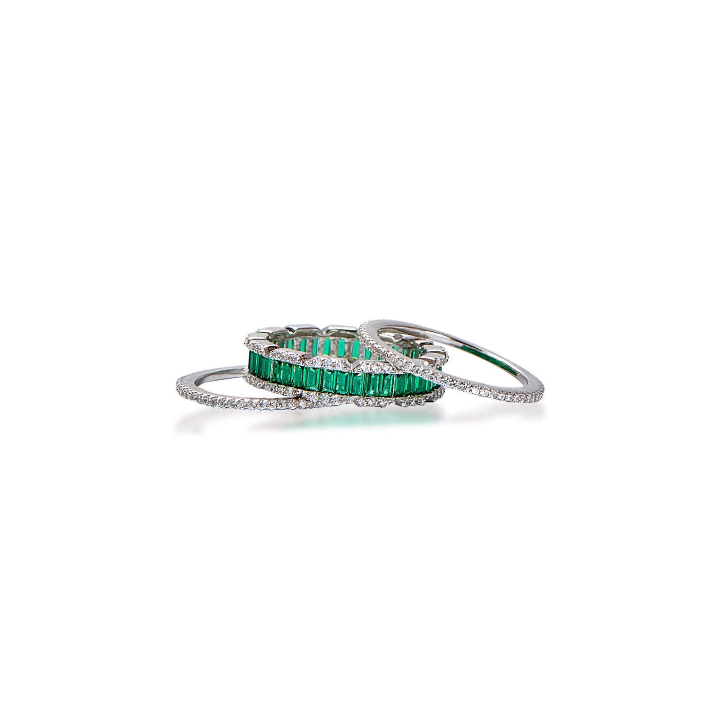Cocktail Emerald And Diamond Stack Silver Ring