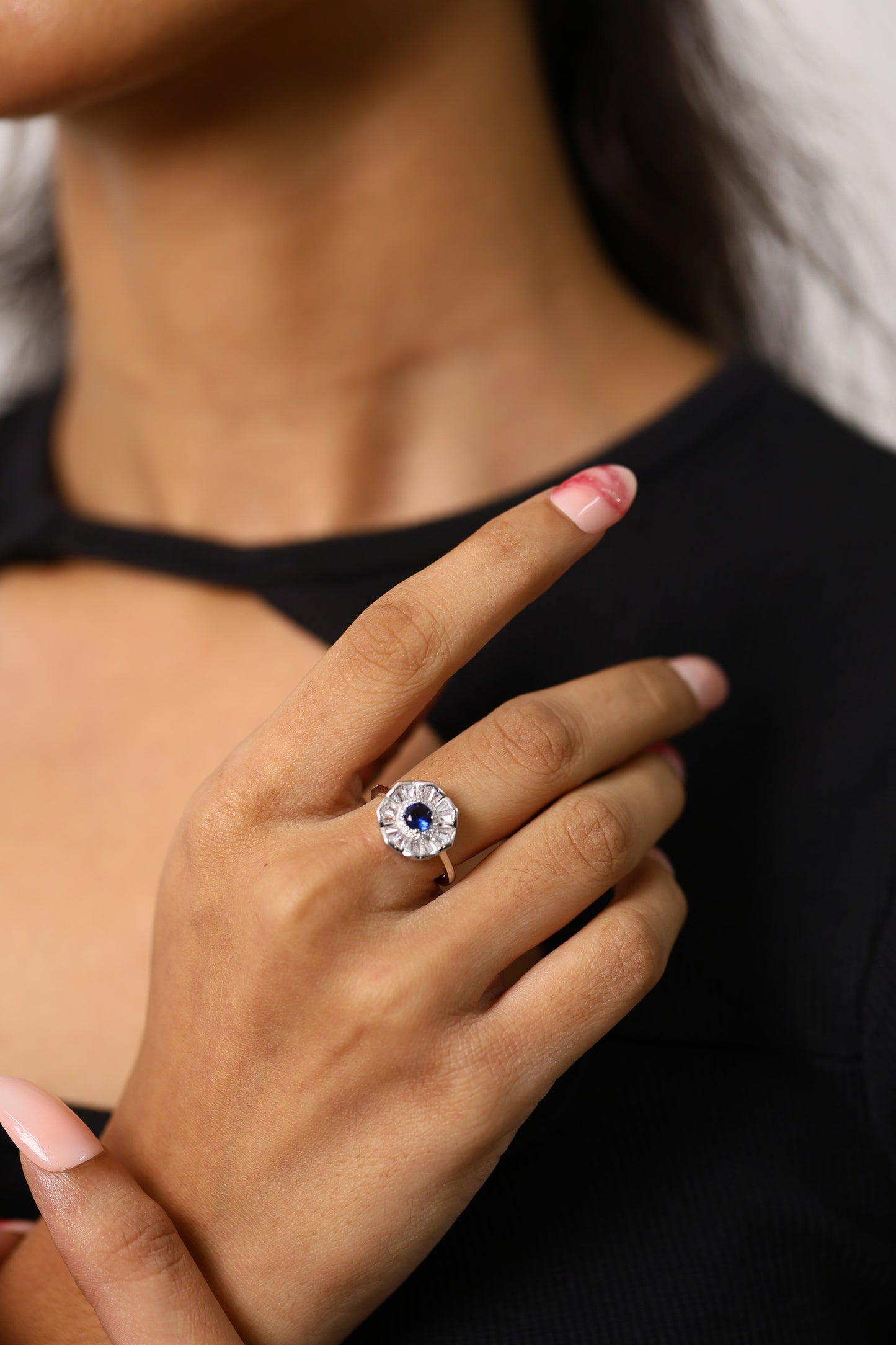 Sapphire Floral Charm Silver Ring