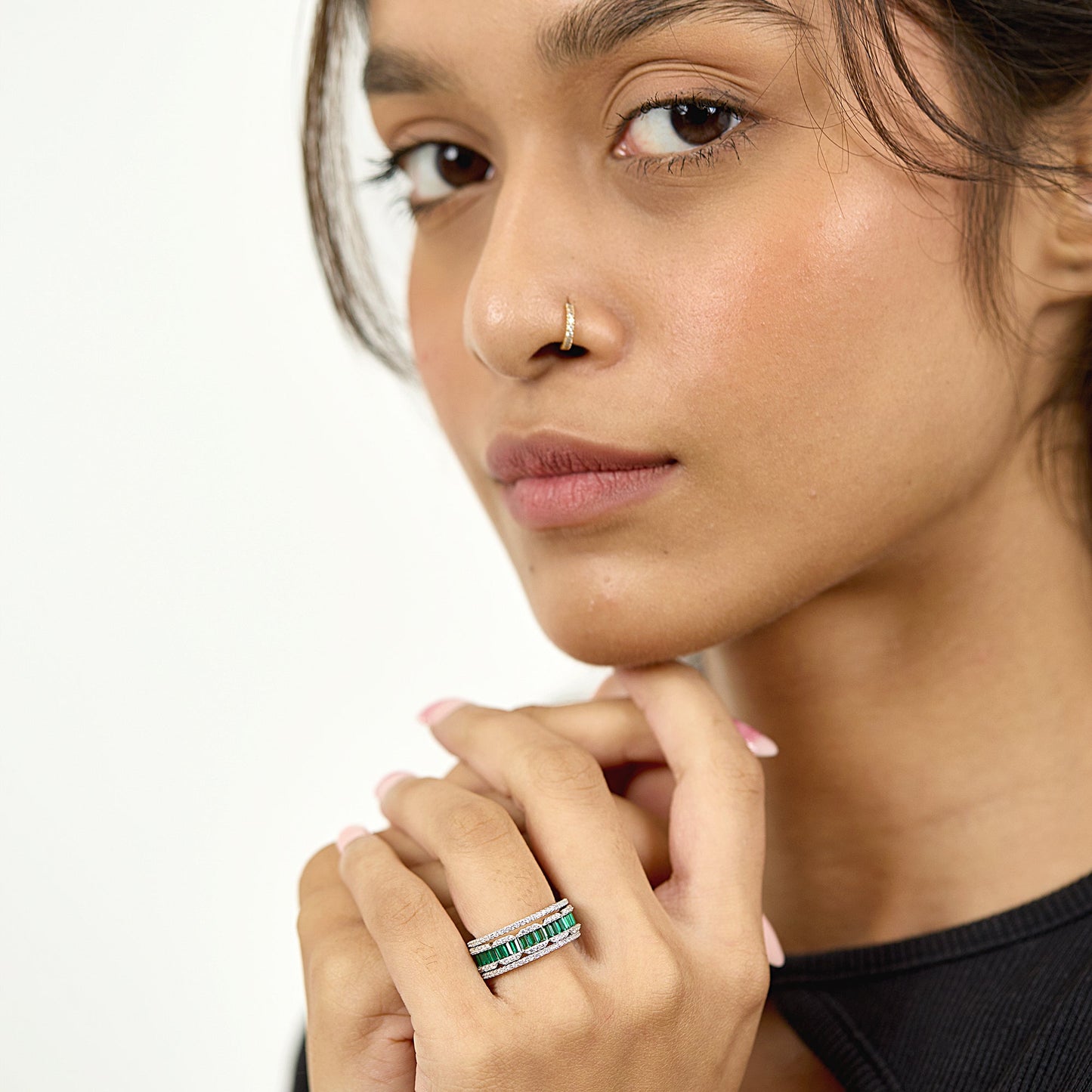 Cocktail Emerald And Diamond Stack Silver Ring