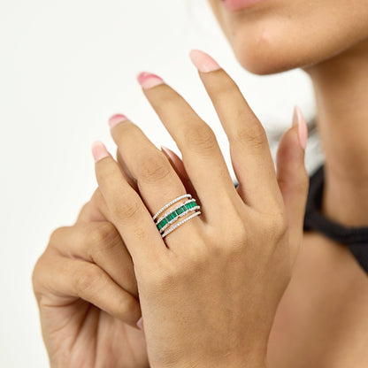 Cocktail Emerald And Diamond Stack Silver Ring