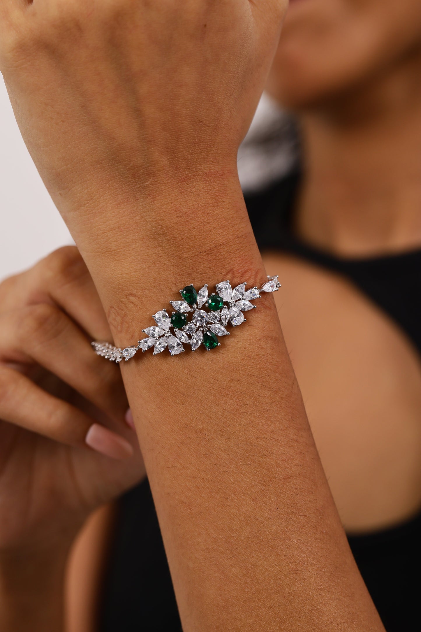 Regal Emerald And Diamond Silver Bracelet