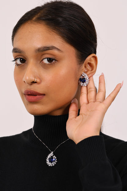 Stylish Sapphire And Crystal Silver Pendant Set