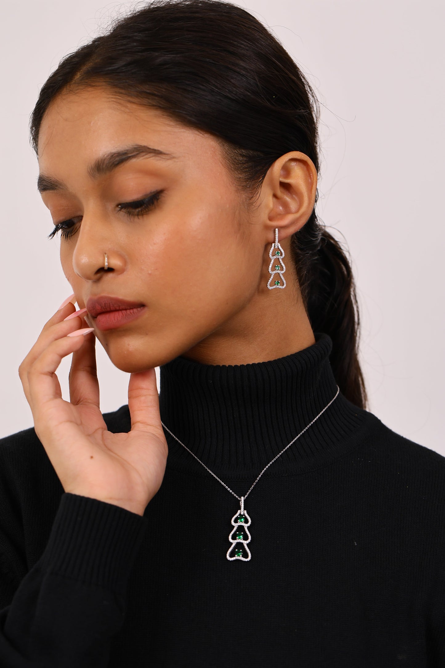 Mystic Emerald And Diamond Silver Pendant Set