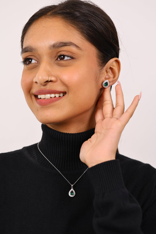 Serene Diamond And Emerald Silver Pendant Set