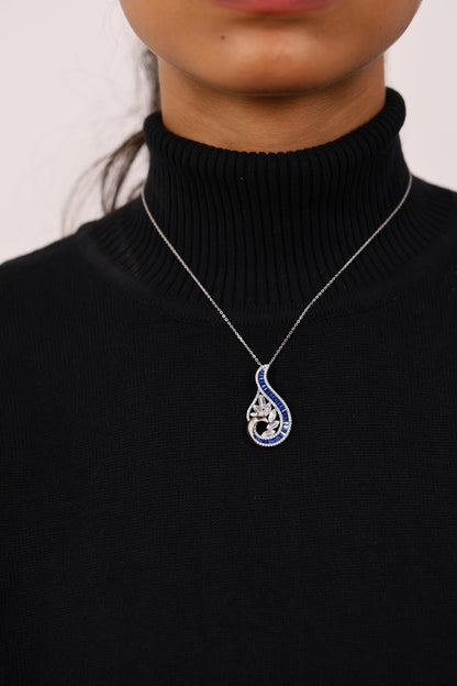 Precious Sapphire And Diamond Silver Pendant Set