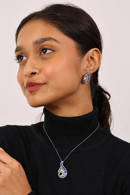Precious Sapphire And Diamond Silver Pendant Set