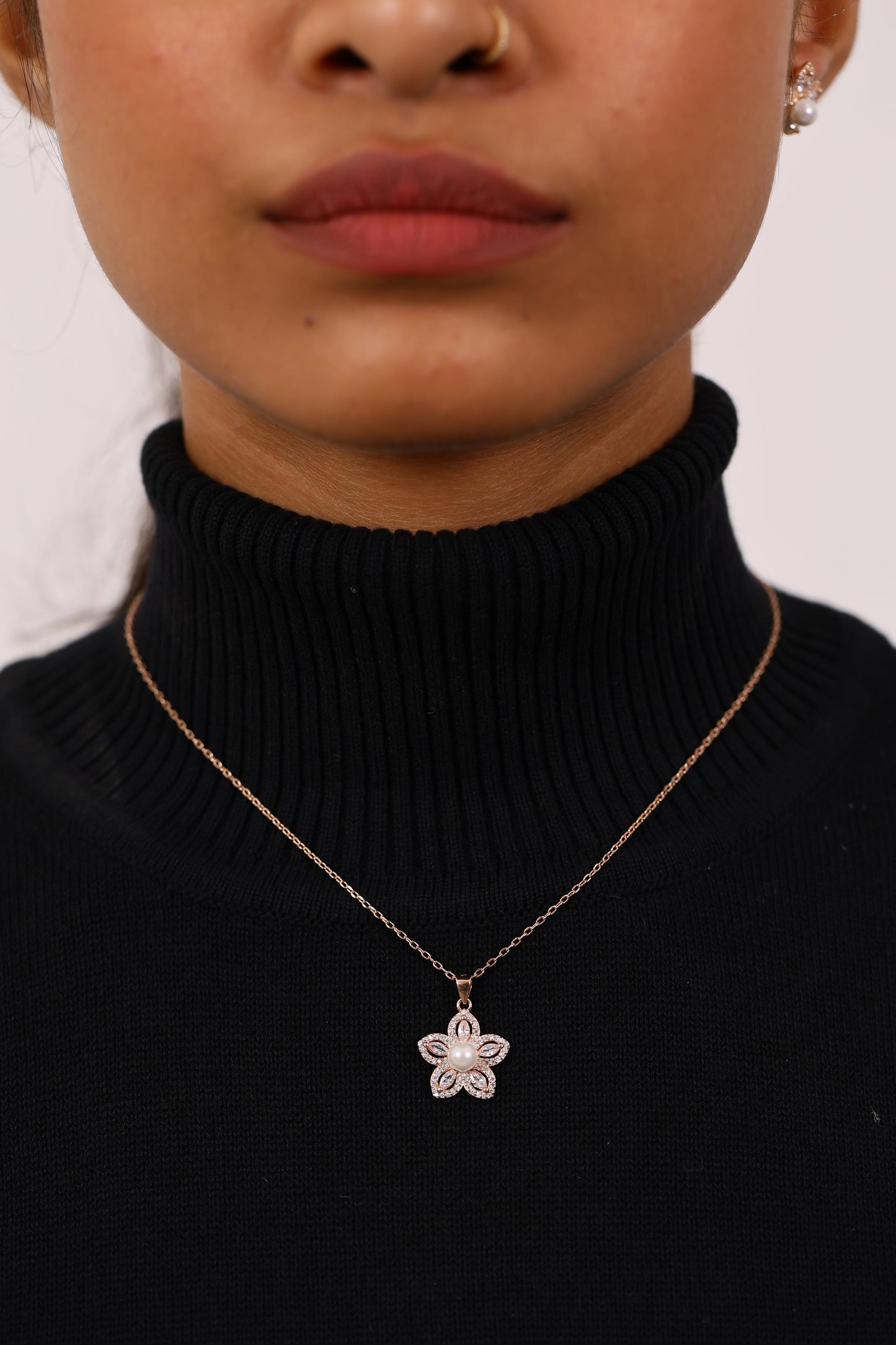 Star Pearl And Diamond Rose Gold Silver Pendant Set