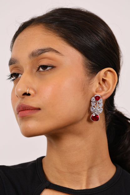 REGAL RUBY AND DIAMOND SILVER EARRINGS