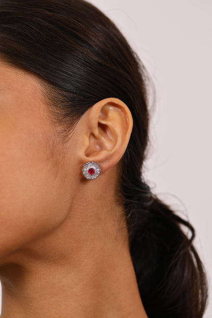 Sleek Ruby And Diamond Studs Silver Earrings
