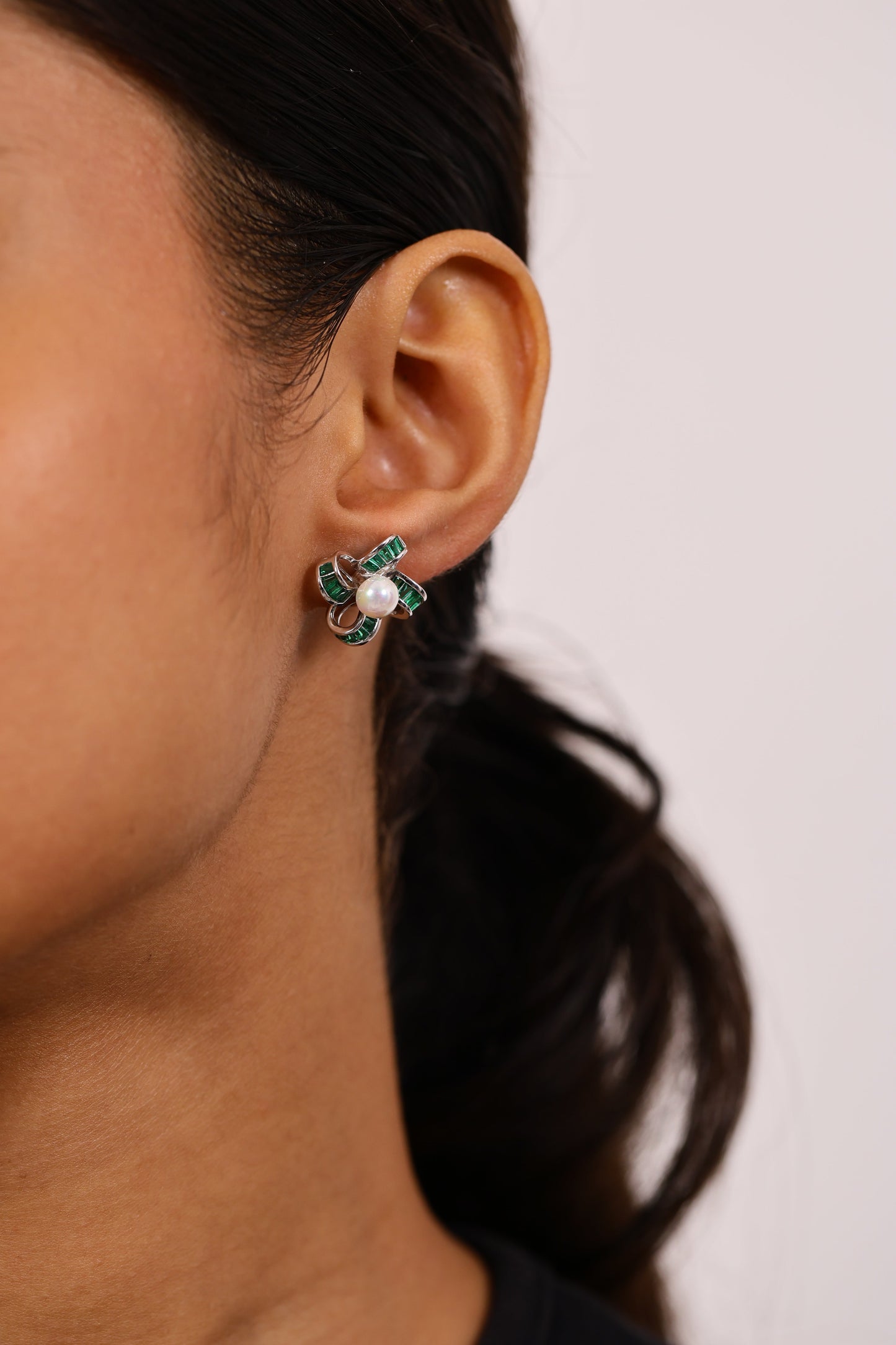 Pure Emerald And Pearl Studs Silver Earrings