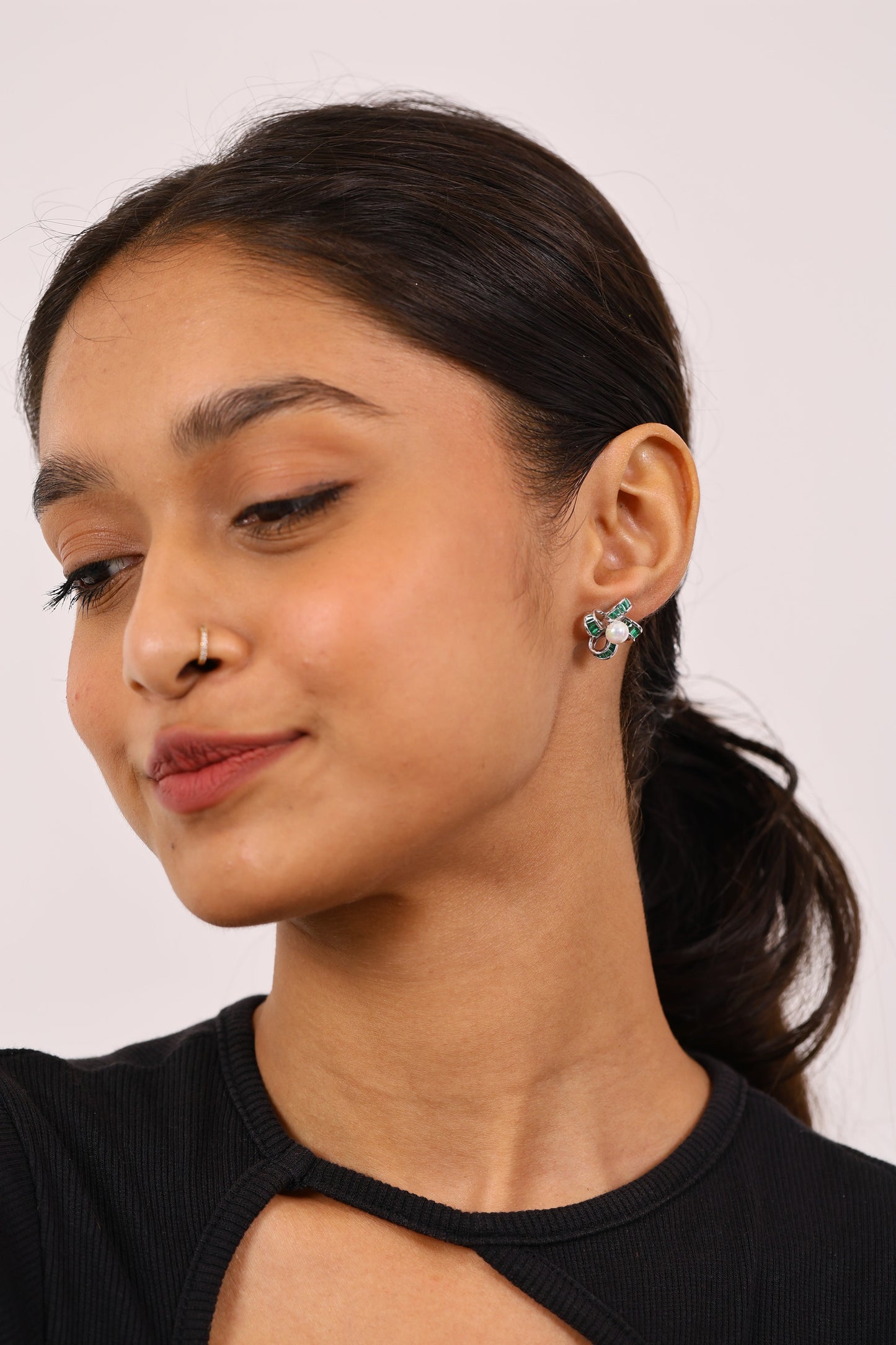 Pure Emerald And Pearl Studs Silver Earrings