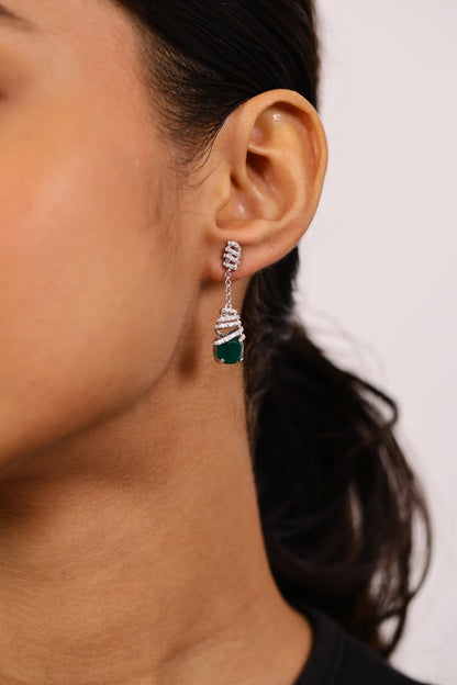 DELICATE SPARK EMERALD AND DIAMOND SILVER EARRINGS