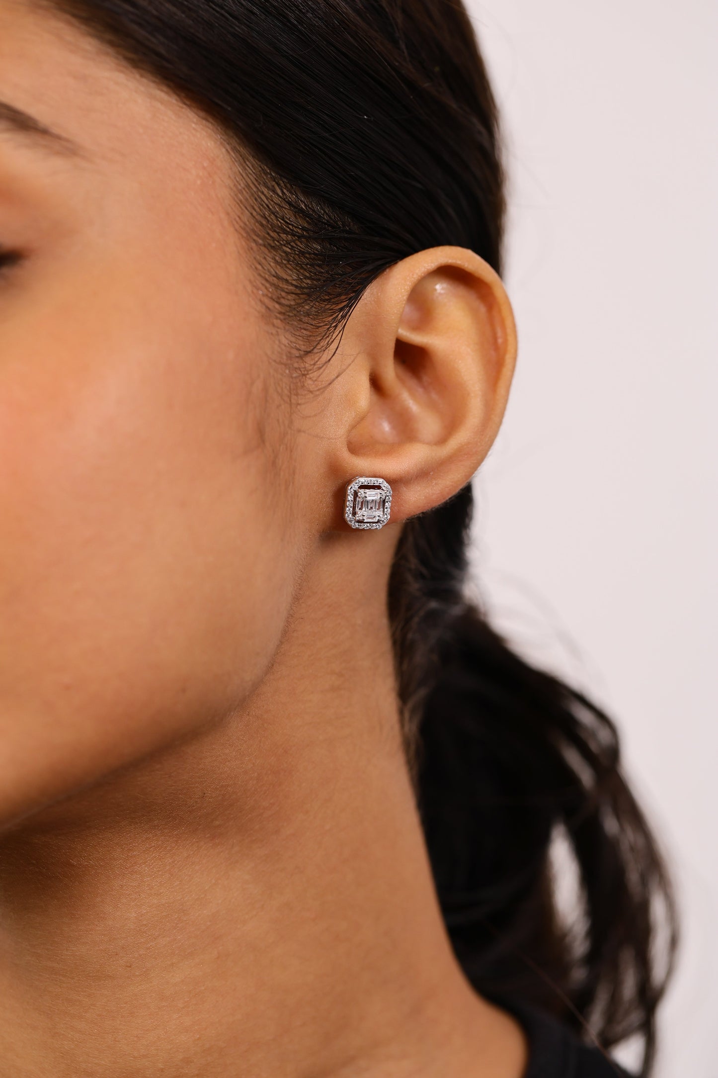 Emerald Diamond Studs Silver Earrings