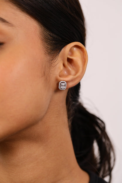 Emerald Diamond Studs Silver Earrings