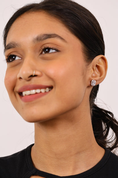 Emerald Diamond Studs Silver Earrings