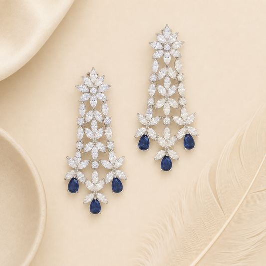 Royal Sapphire Cocktail Diamond Silver Earrings