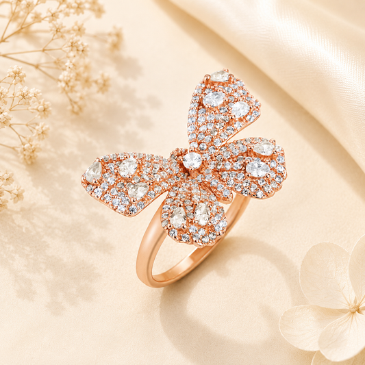 Silver Butterfly Diamond Ring In Rose Gold Finish