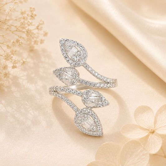 Shimmering Diamond Cocktail Silver Ring