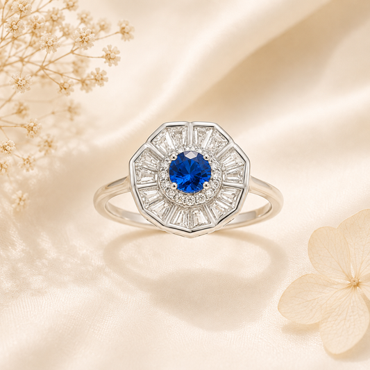 Sapphire Floral Charm Silver Ring