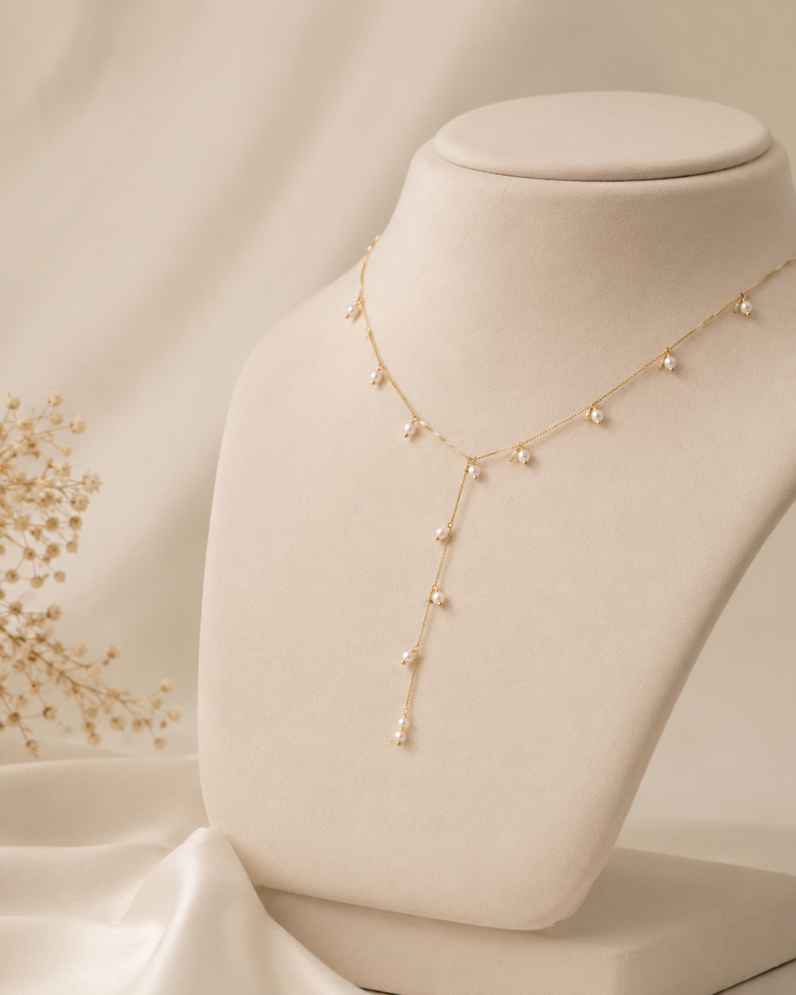 Pearl Cascade Gold Plated Silver Y Necklace