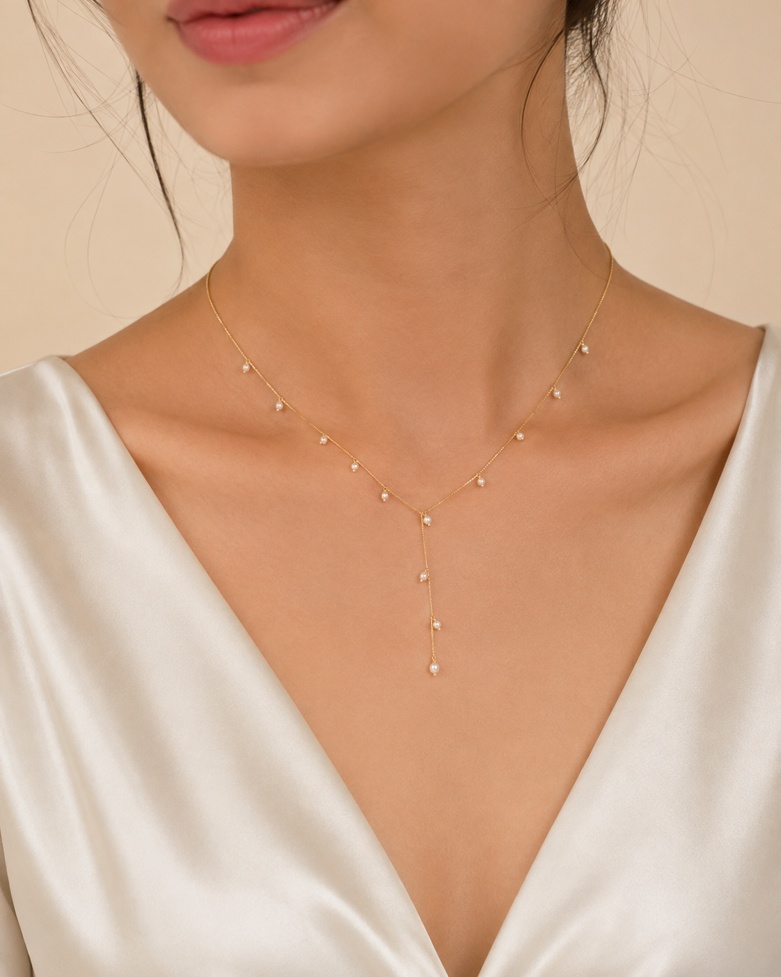Pearl Cascade Gold Plated Silver Y Necklace