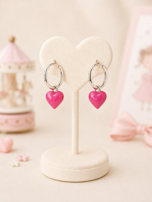 Pink Heart Charm Hoops