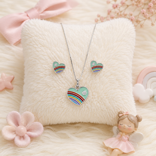 Rainbow Heart Girls Sterling Silver Pendant Set