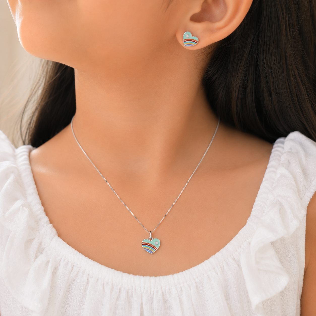 Rainbow Heart Girls Sterling Silver Pendant Set