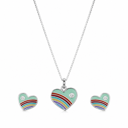 Rainbow Heart Girls Sterling Silver Pendant Set