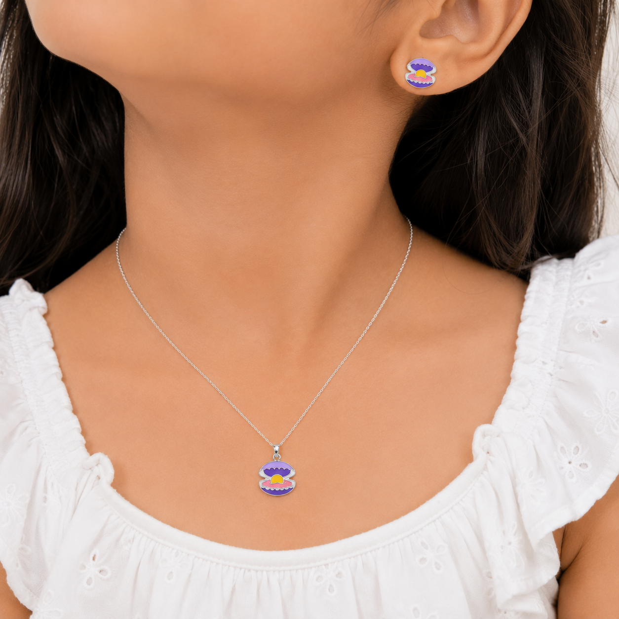 Ocean Pearl Shell Girls Silver Pendant Set