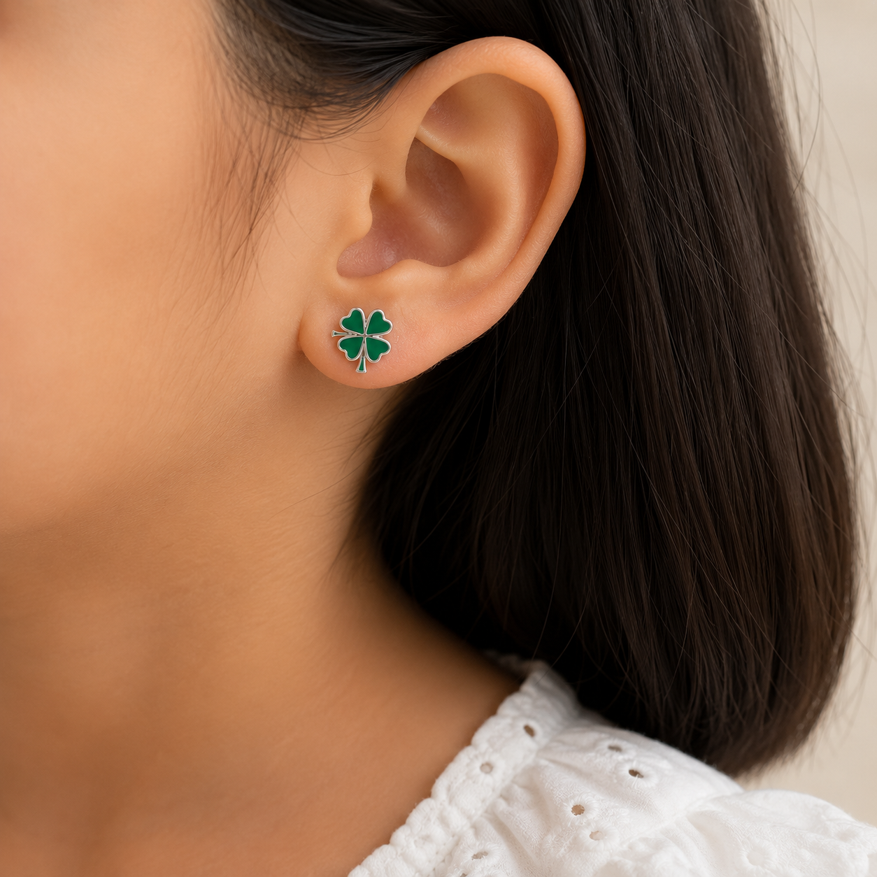Emerald Clover Silver Stud Earrings for Girls