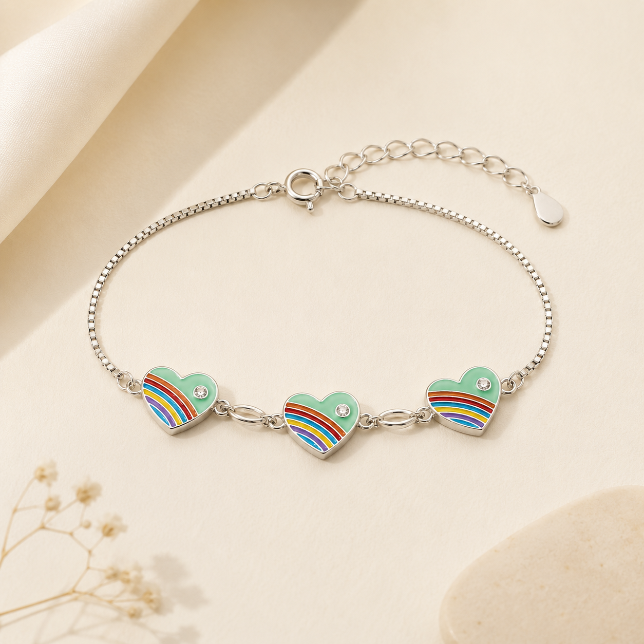 Rainbow Heart Girls Sterling Silver Bracelet