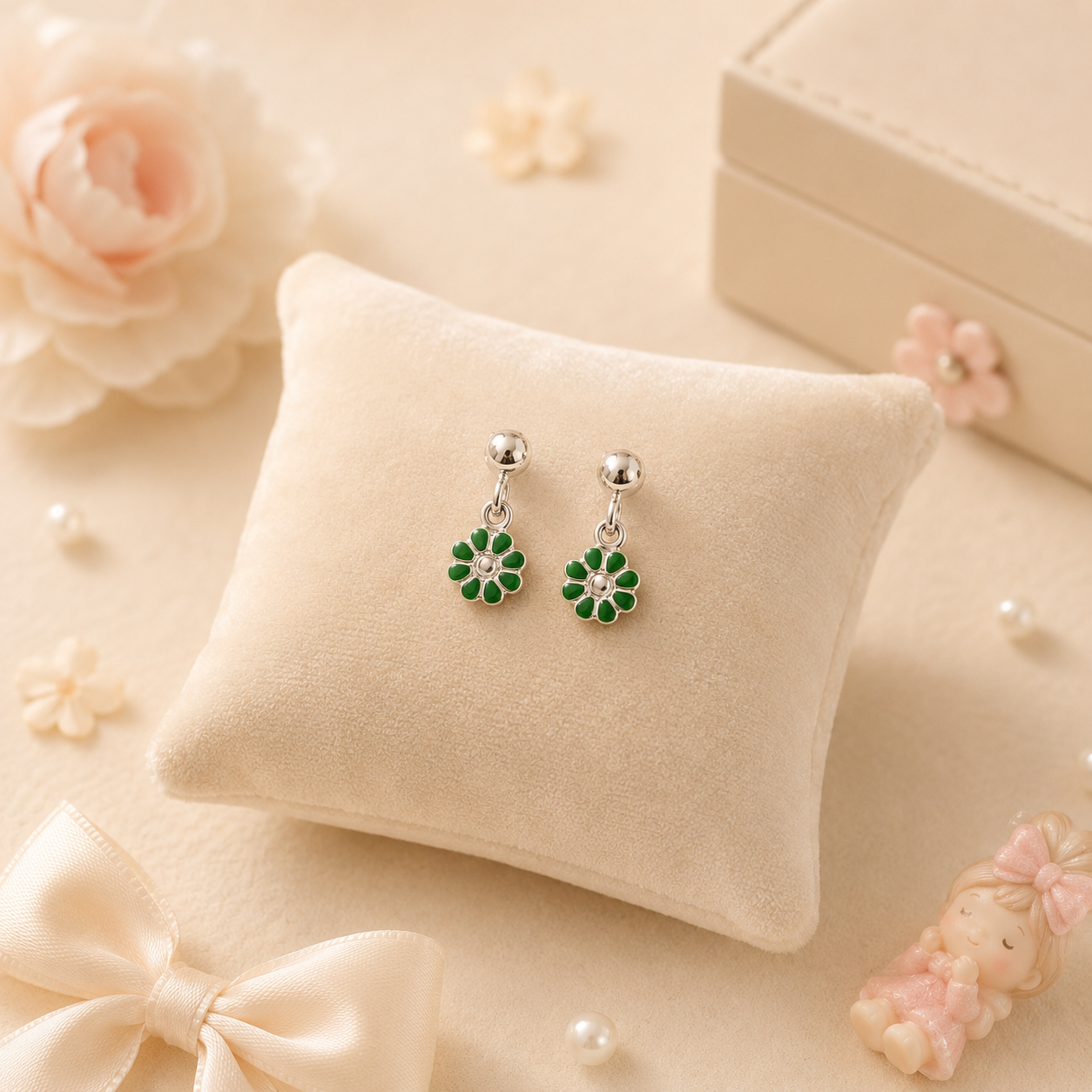 Emerald Daisy Girls Silver Drop Earrings