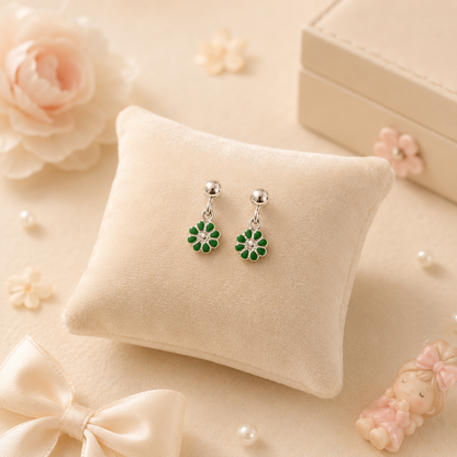Emerald Daisy Girls Silver Drop Earrings