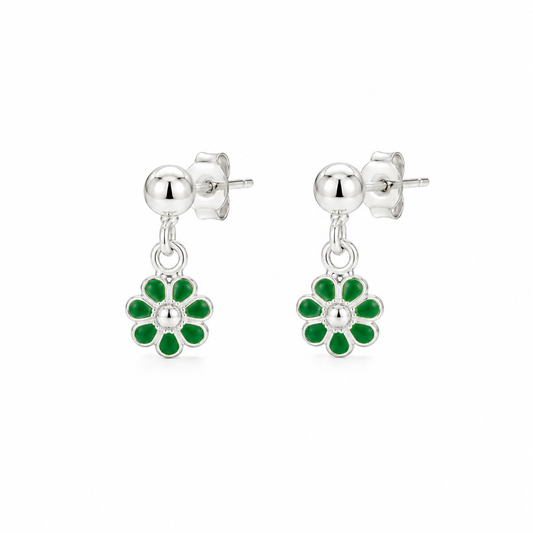 Emerald Daisy Girls Silver Drop Earrings