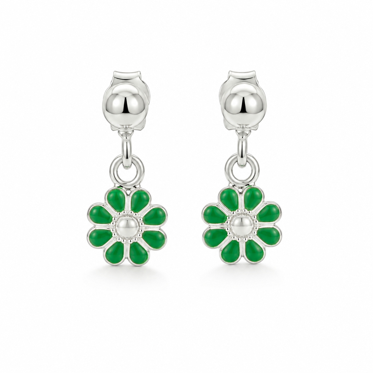 Emerald Daisy Girls Silver Drop Earrings