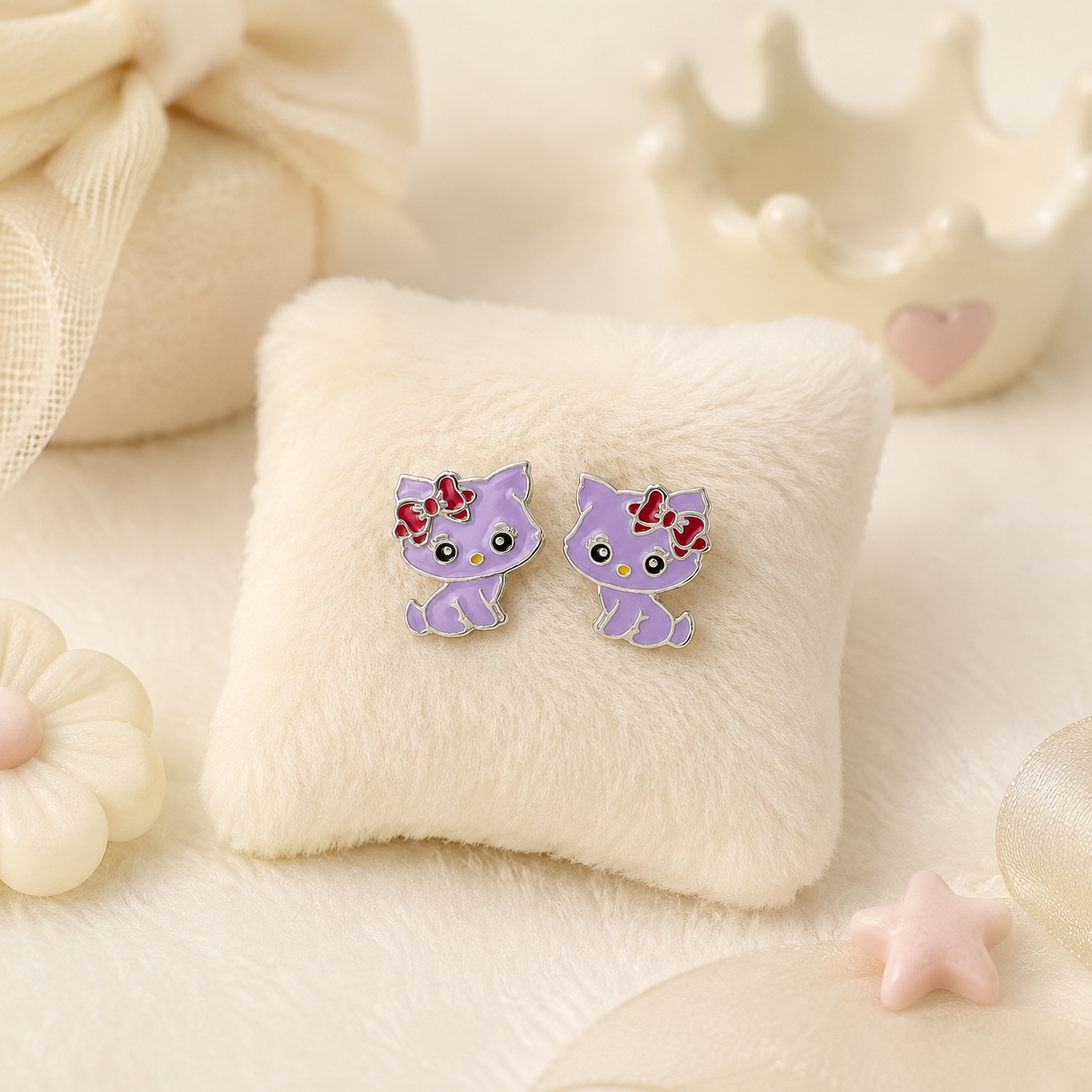 Bow Kitty Girls Silver Stud Earrings