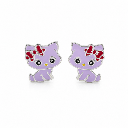 Bow Kitty Girls Silver Stud Earrings