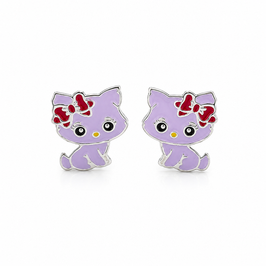 Bow Kitty Girls Silver Stud Earrings