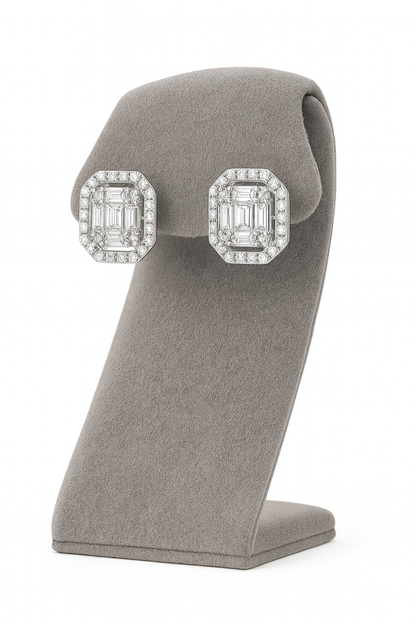 Emerald Diamond Studs Silver Earrings