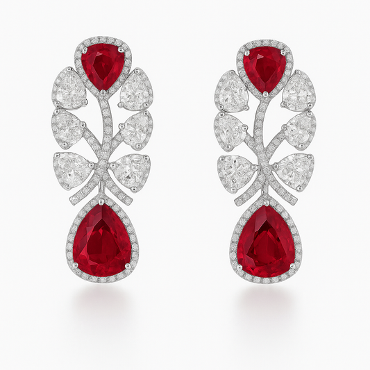 REGAL RUBY AND DIAMOND SILVER EARRINGS