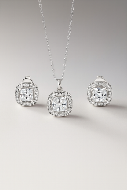 Cushion Diamond Silver Pendant Set